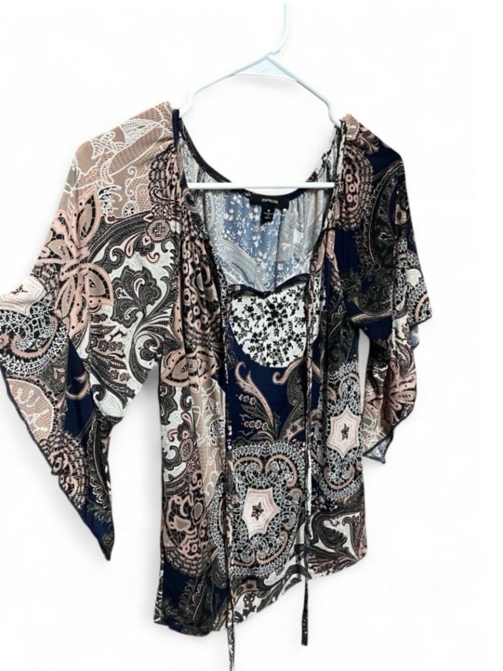 Y2K 2000s Fairy Top Flowy Flutter Sleeves Navy Pink Paisley Boho Whimsigoth, M